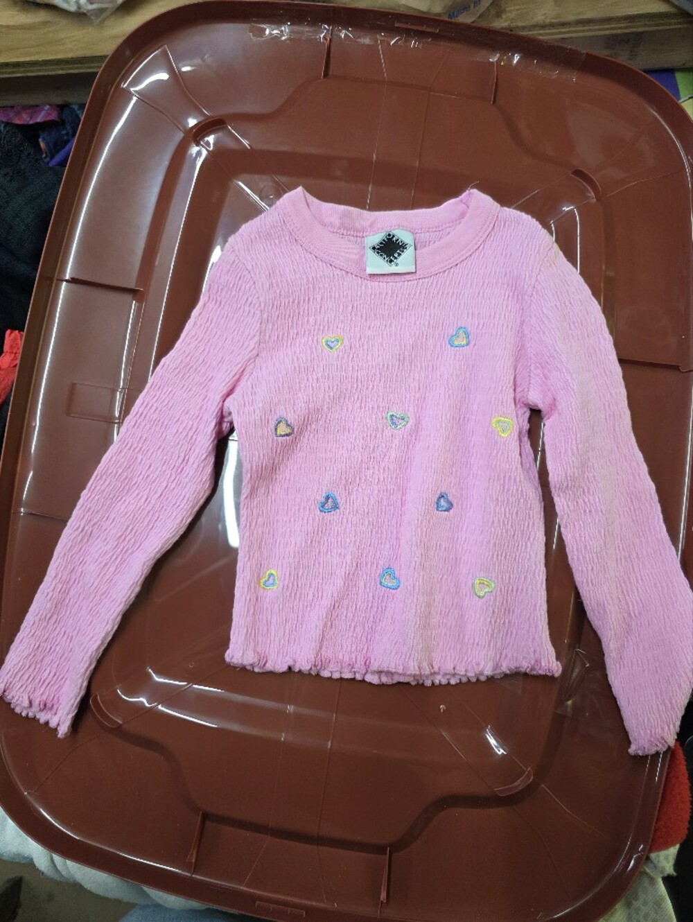 Alternative Apparel Pink Long-Sleeve Top with Multicolor Heart Embroidery